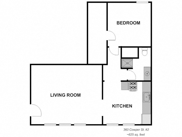 Floor plan for 1 bed, 1 bath, 625 sqft